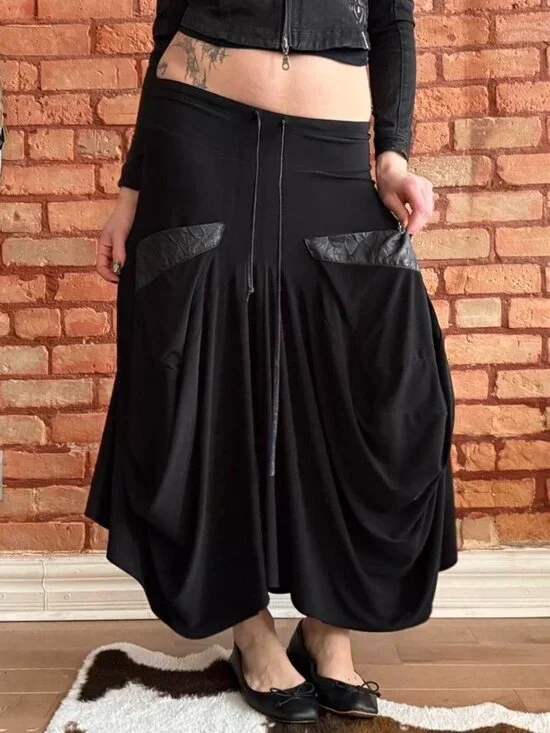 Y2K Black Draped Midi Skirt Asymmetrical Minimal Goth Utility (S) - Picture 1 of 8